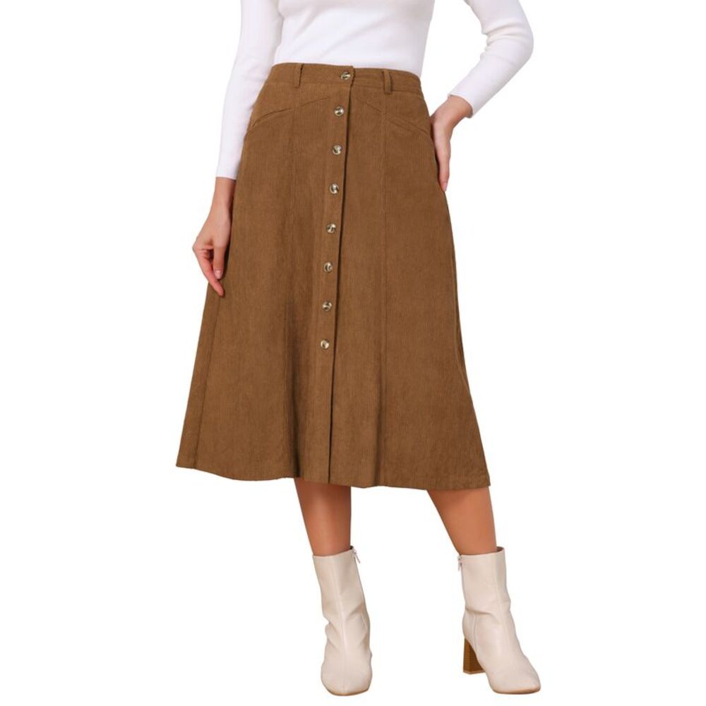 Women's Corduroy Skirts Fall Winter Work Office A-Line Midi Skirt Brown